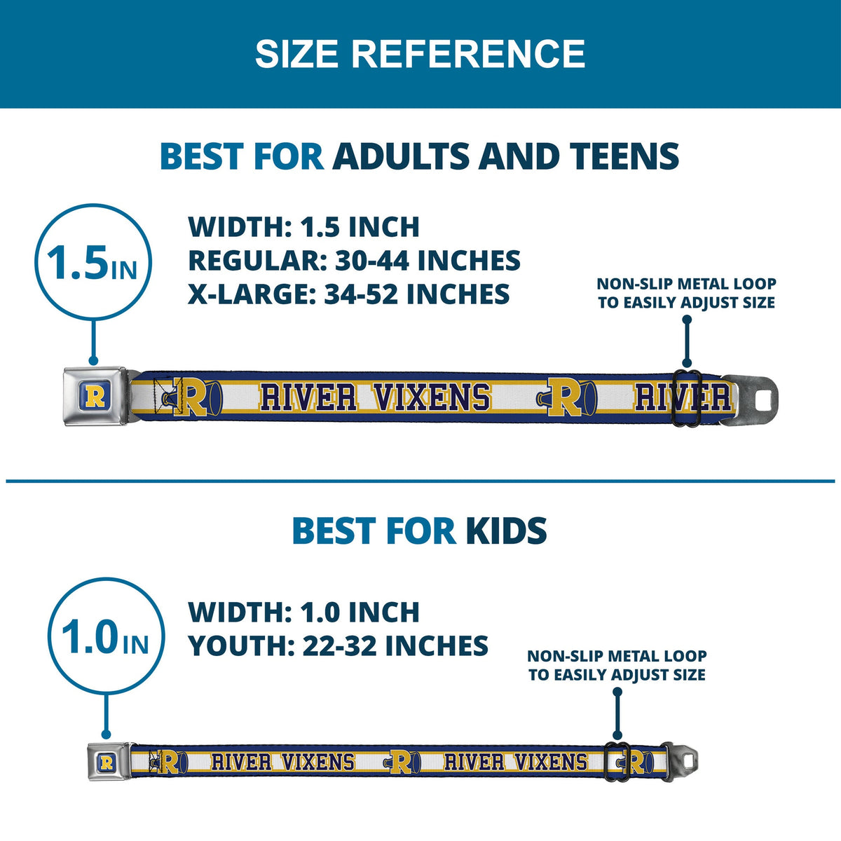 RIVERDALE "R" Logo Full Color Blue White Yellow Seatbelt Belt - RIVER VIXENS/Cheer Logo Stripe Blue/White/Yellow Webbing