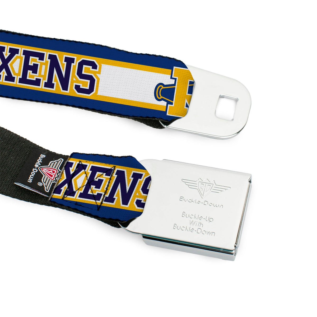 RIVERDALE "R" Logo Full Color Blue White Yellow Seatbelt Belt - RIVER VIXENS/Cheer Logo Stripe Blue/White/Yellow Webbing