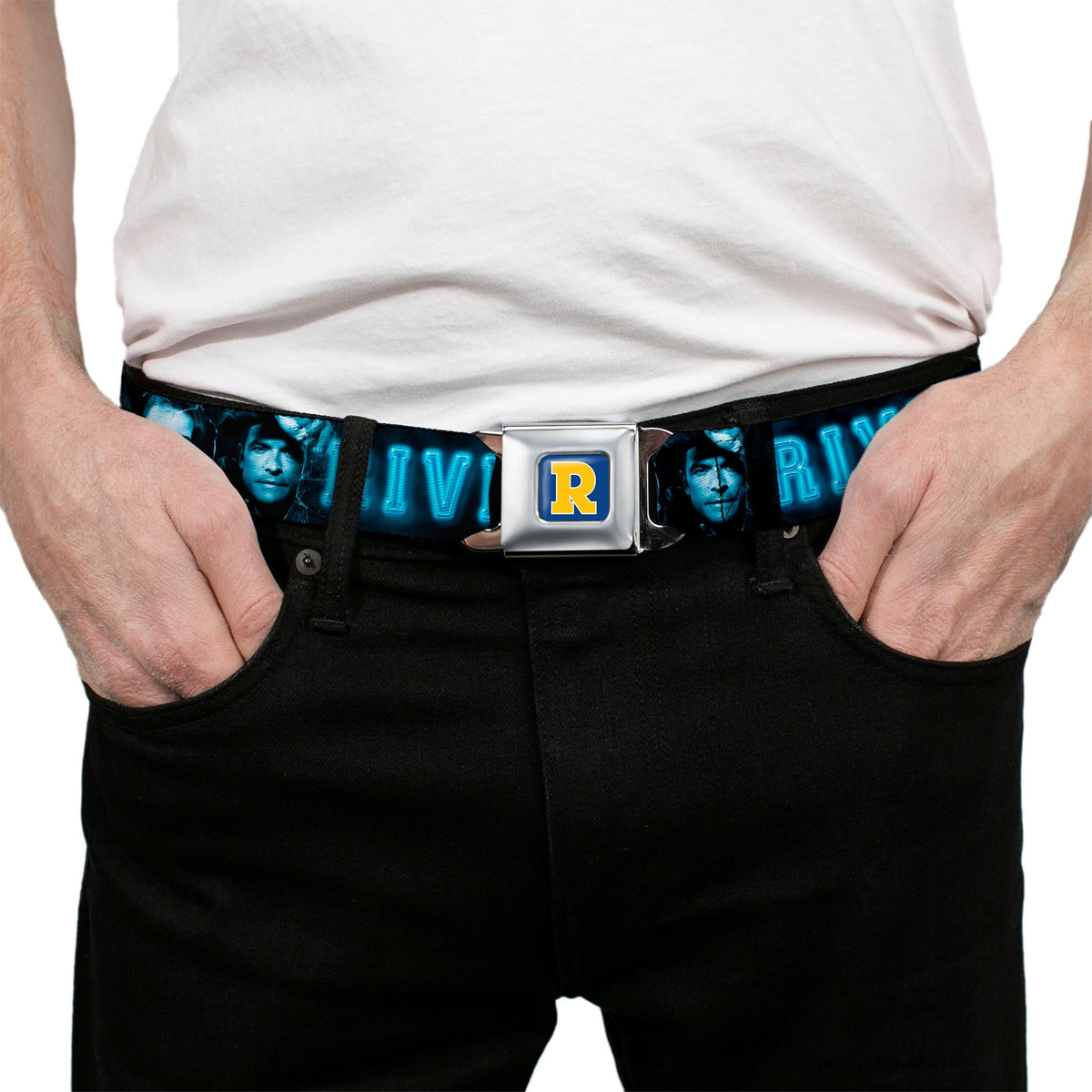 RIVERDALE "R" Logo Full Color Blue White Yellow Seatbelt Belt - RIVERDALE 10-Character Faces Shatter Black/Blues Webbing