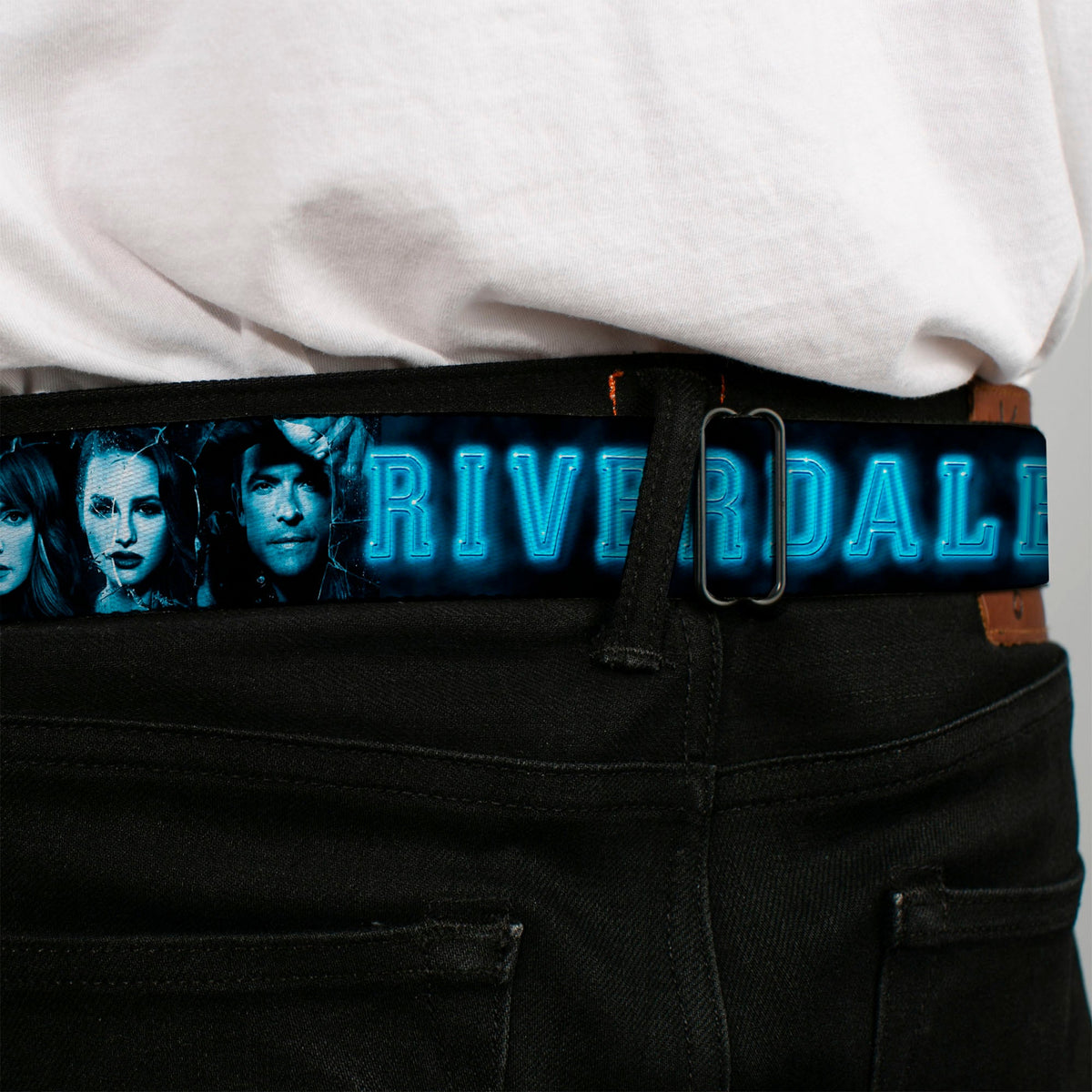 RIVERDALE "R" Logo Full Color Blue White Yellow Seatbelt Belt - RIVERDALE 10-Character Faces Shatter Black/Blues Webbing