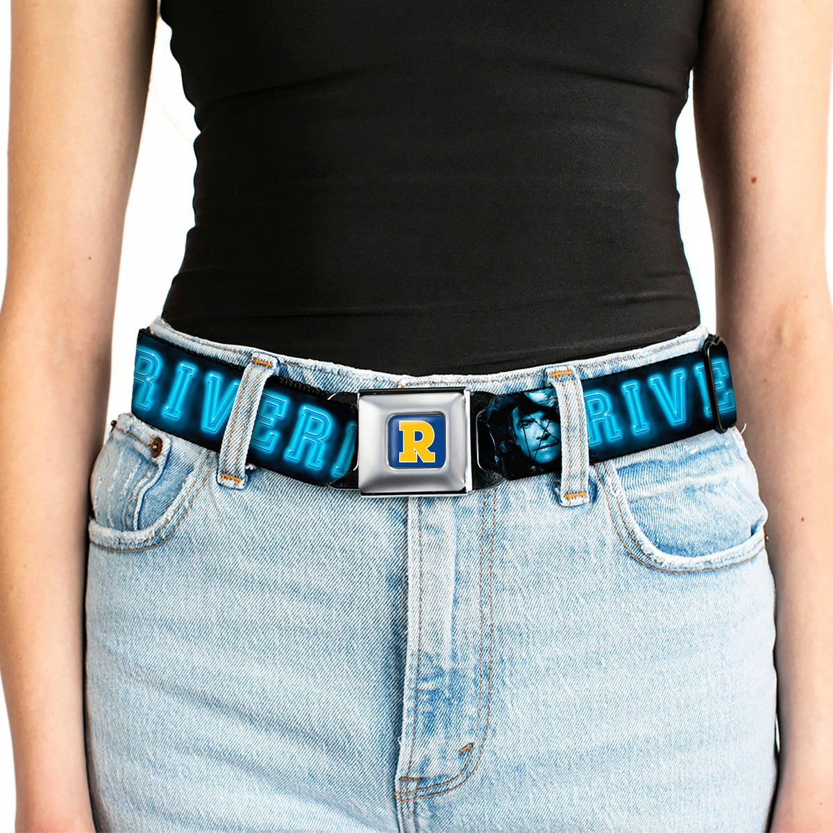 RIVERDALE "R" Logo Full Color Blue White Yellow Seatbelt Belt - RIVERDALE 10-Character Faces Shatter Black/Blues Webbing