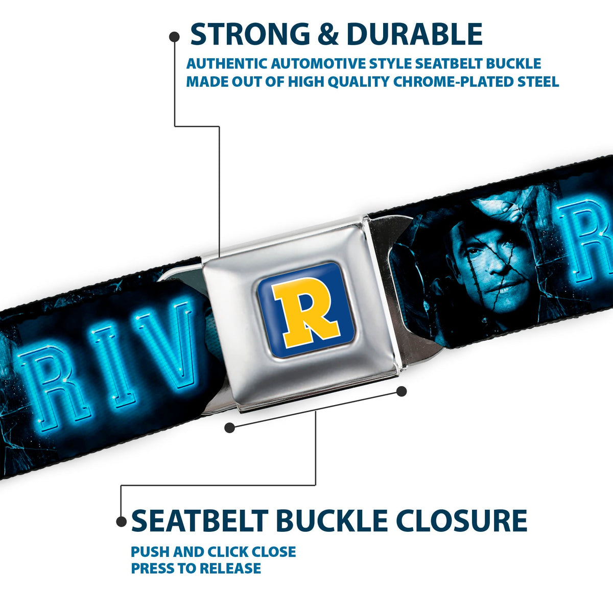RIVERDALE "R" Logo Full Color Blue White Yellow Seatbelt Belt - RIVERDALE 10-Character Faces Shatter Black/Blues Webbing