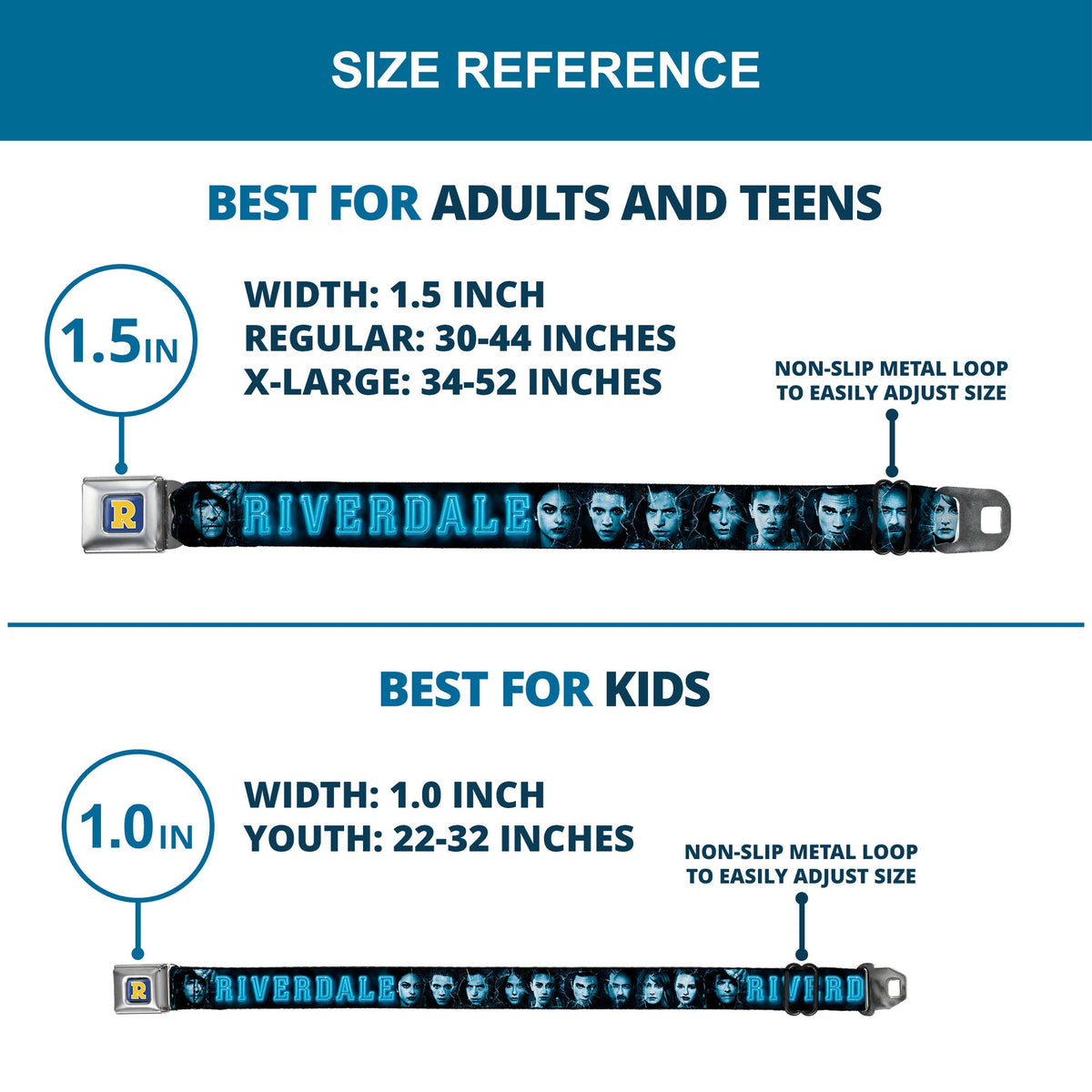 RIVERDALE "R" Logo Full Color Blue White Yellow Seatbelt Belt - RIVERDALE 10-Character Faces Shatter Black/Blues Webbing