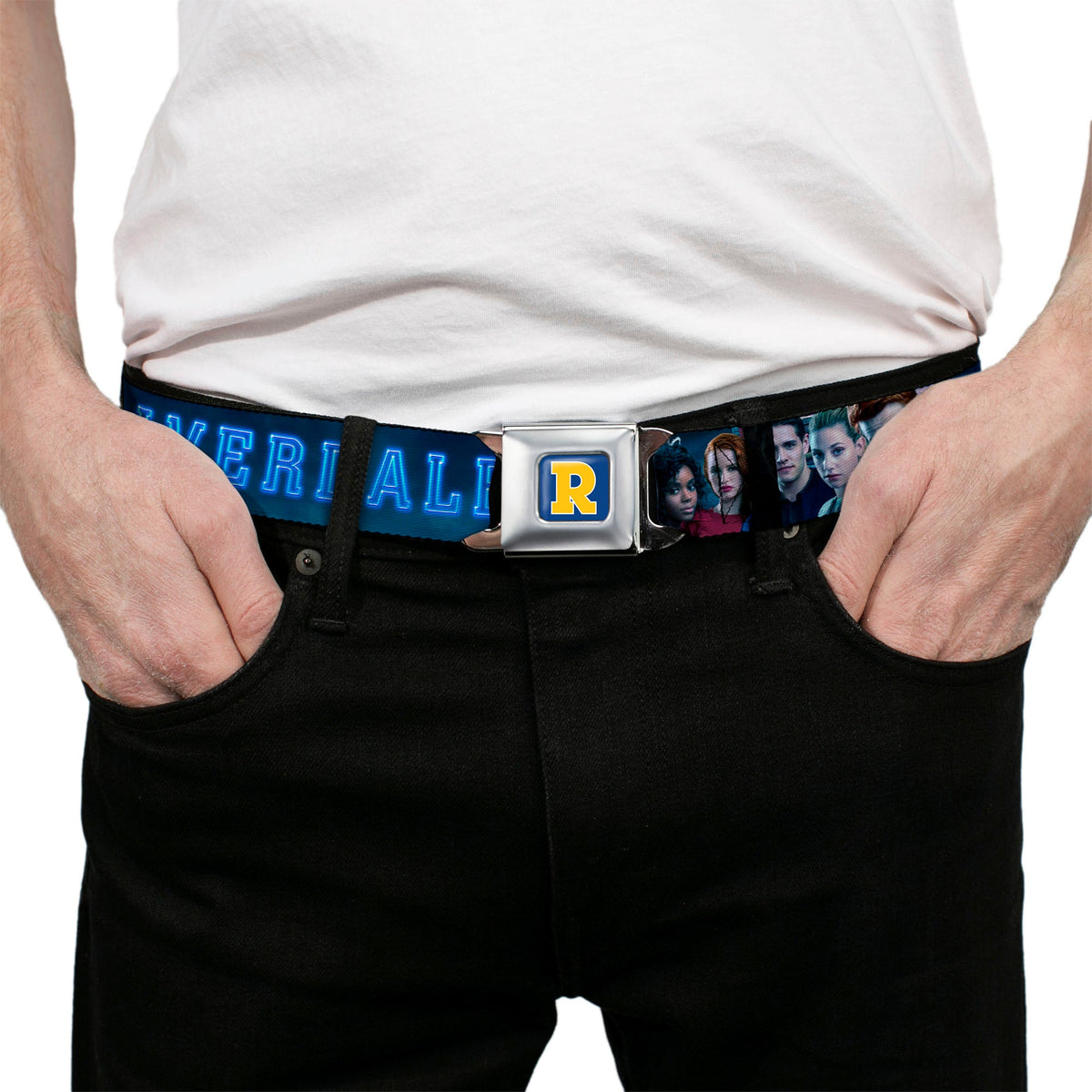 RIVERDALE "R" Logo Full Color Blue White Yellow Seatbelt Belt - RIVERDALE 7-Character Group Pose Blues Webbing