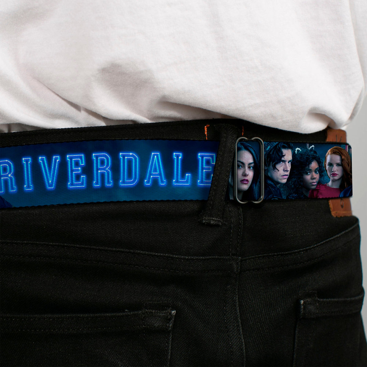 RIVERDALE "R" Logo Full Color Blue White Yellow Seatbelt Belt - RIVERDALE 7-Character Group Pose Blues Webbing