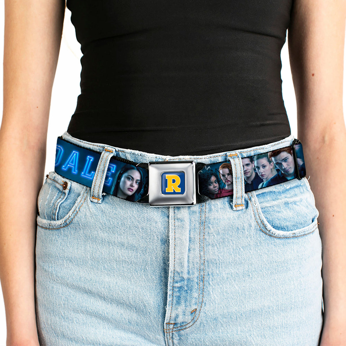 RIVERDALE "R" Logo Full Color Blue White Yellow Seatbelt Belt - RIVERDALE 7-Character Group Pose Blues Webbing