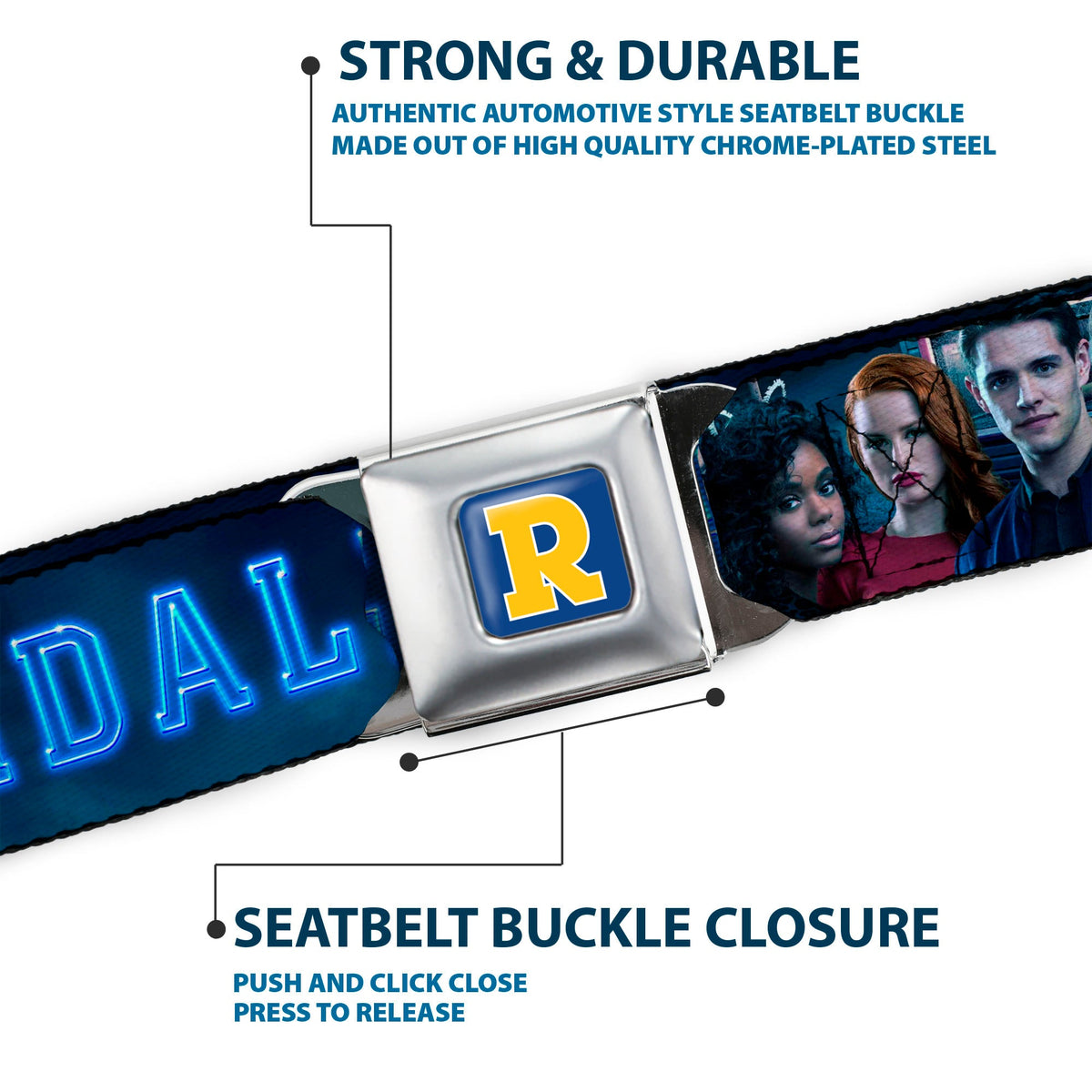RIVERDALE "R" Logo Full Color Blue White Yellow Seatbelt Belt - RIVERDALE 7-Character Group Pose Blues Webbing