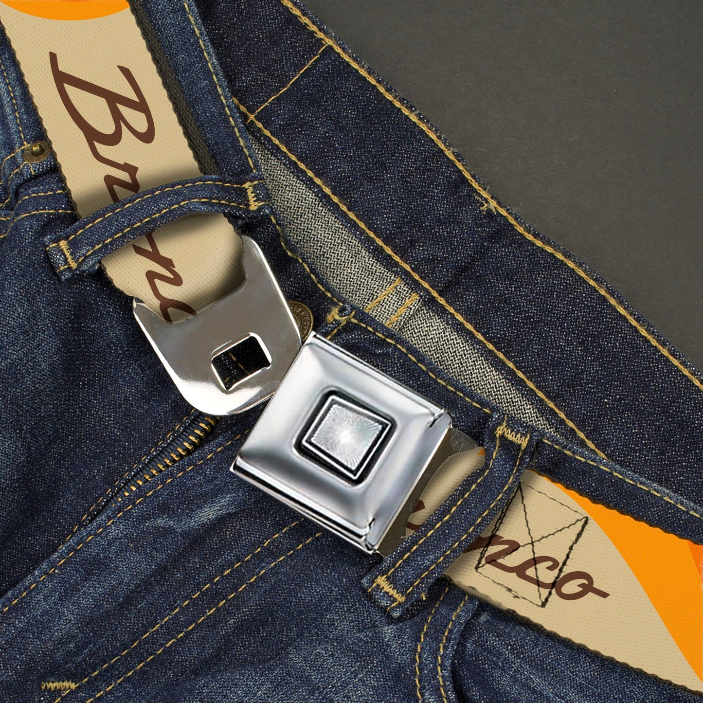 Starburst Seatbelt Belt - Ford BRONCO Script Wave Beige/Brown/Blue/Orange Webbing