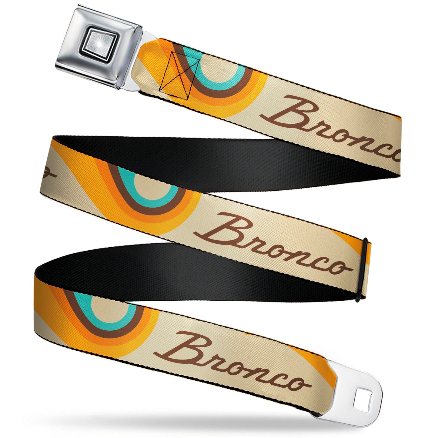 Starburst Seatbelt Belt - Ford BRONCO Script Wave Beige/Brown/Blue/Orange Webbing