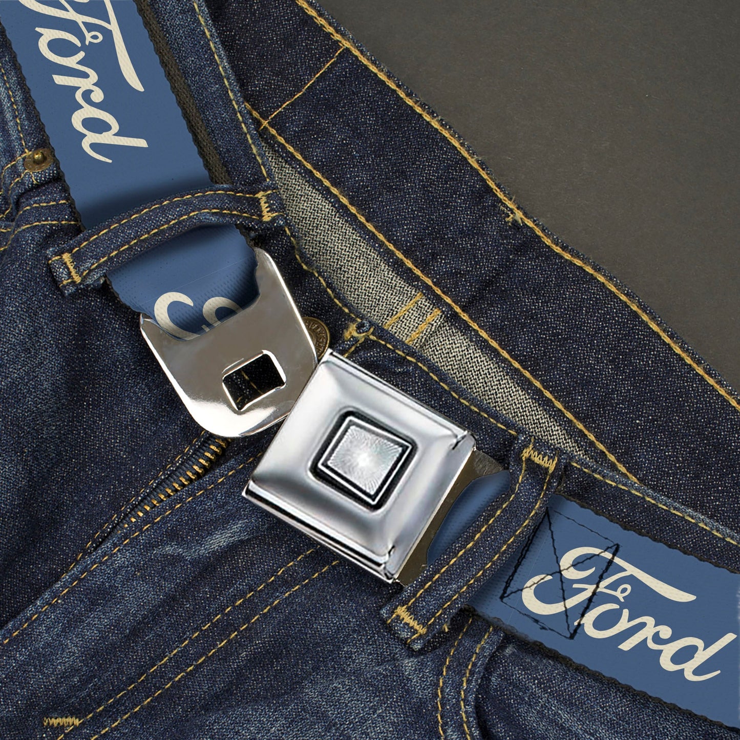 Starburst Seatbelt Belt - FORD Script Blue/White Webbing