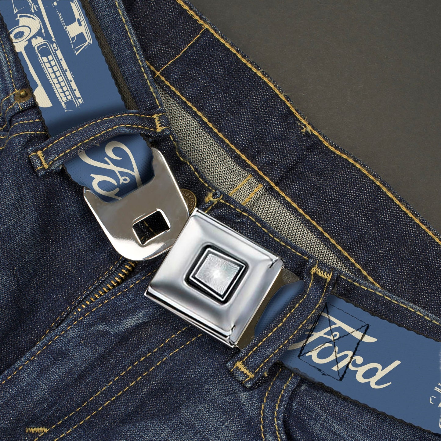 Starburst Seatbelt Belt - FORD Script and Vintage Truck Blue/White Webbing