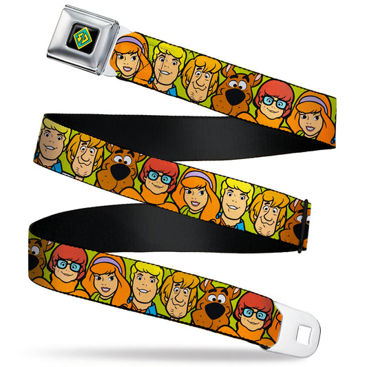 SD Dog Tag Full Color Black/Yellow/Blue Seatbelt Belt - Scooby Doo Character Faces Close-Up Green Webbing