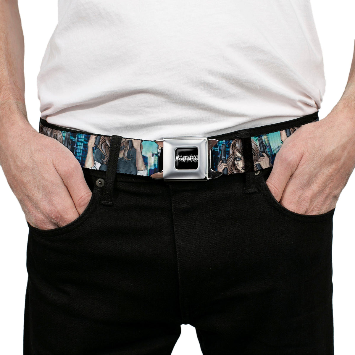 SEXY INK GIRLS Full Color Black White Seatbelt Belt - Gutter Sluts Webbing