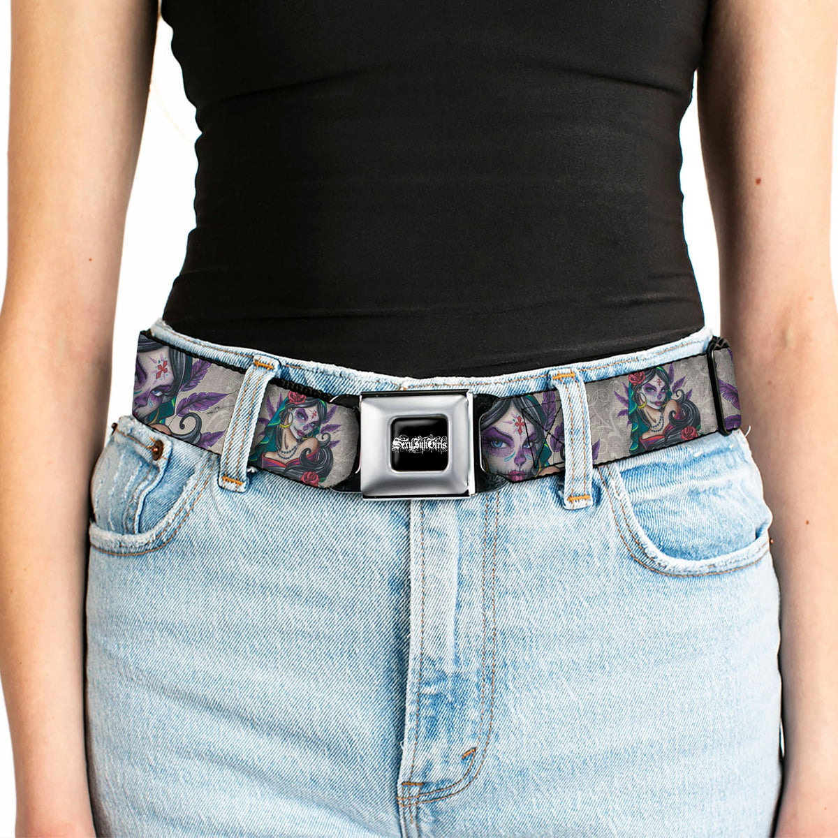 SEXY INK GIRLS Full Color Black White Seatbelt Belt - Muerta Webbing