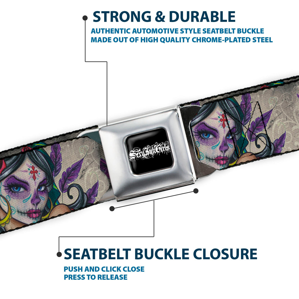 SEXY INK GIRLS Full Color Black White Seatbelt Belt - Muerta Webbing
