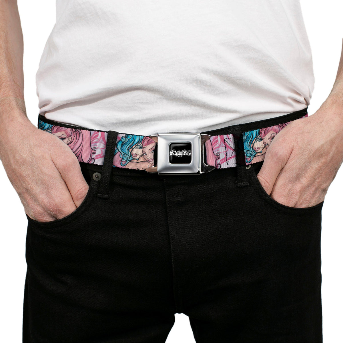 SEXY INK GIRLS Full Color Black White Seatbelt Belt - No Glove, No Love Webbing
