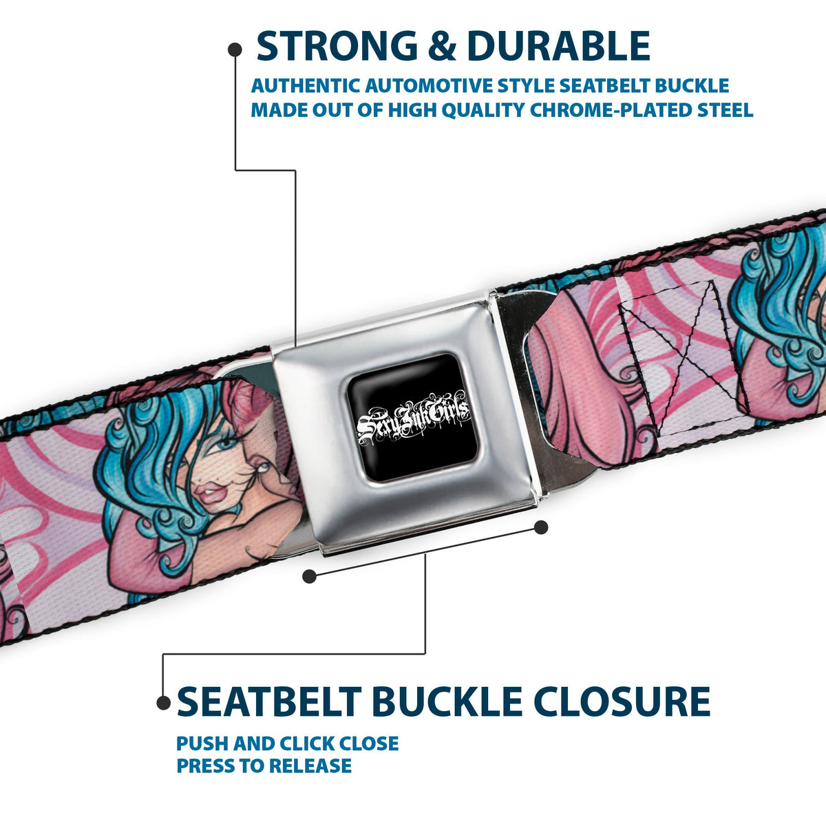 SEXY INK GIRLS Full Color Black White Seatbelt Belt - No Glove, No Love Webbing
