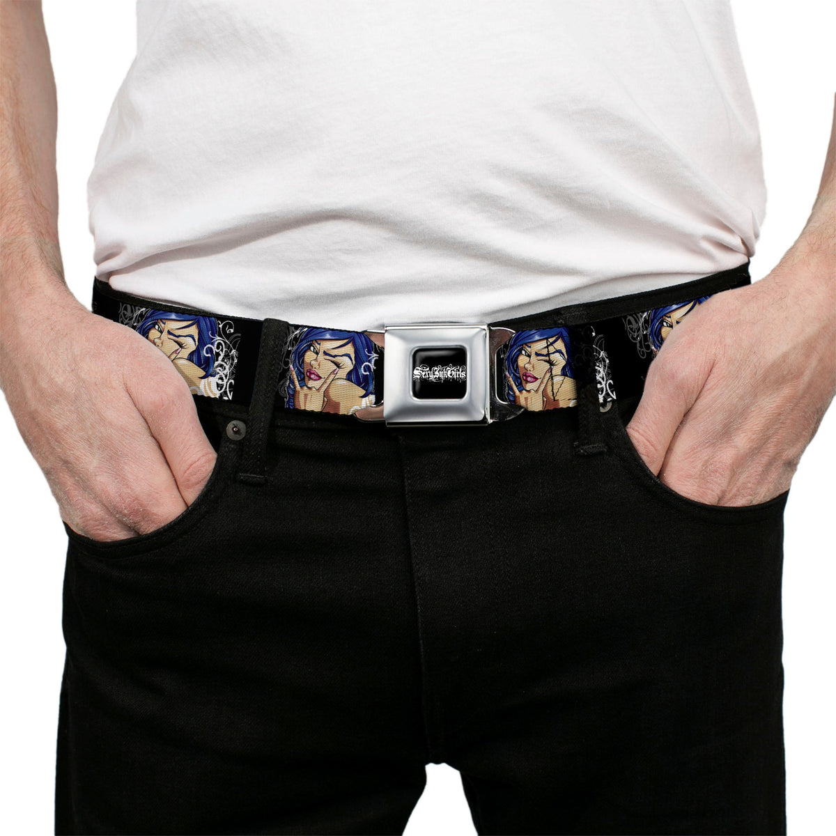 SEXY INK GIRLS Full Color Black White Seatbelt Belt - Rock & Roll Ink Webbing
