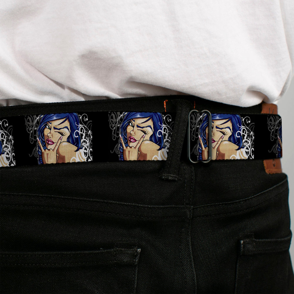 SEXY INK GIRLS Full Color Black White Seatbelt Belt - Rock & Roll Ink Webbing