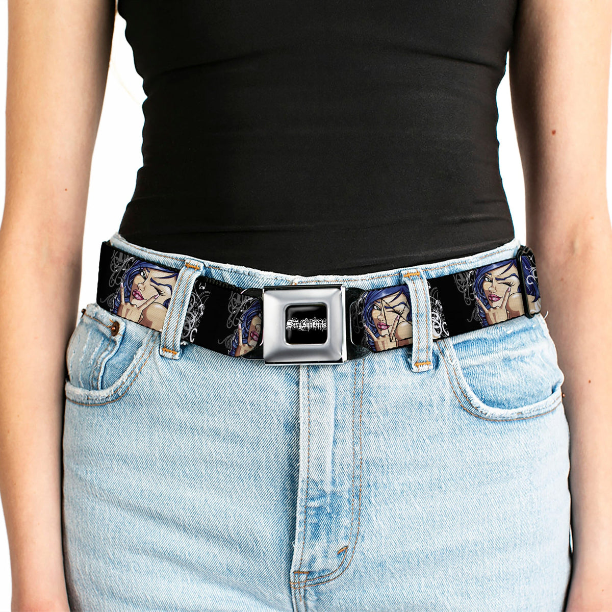 SEXY INK GIRLS Full Color Black White Seatbelt Belt - Rock & Roll Ink Webbing