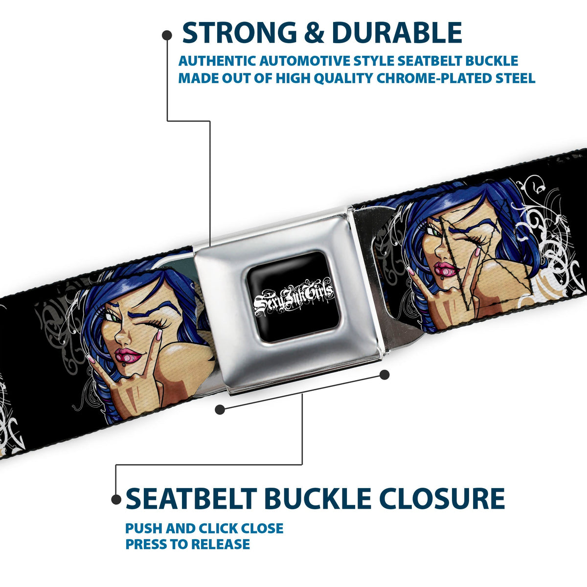 SEXY INK GIRLS Full Color Black White Seatbelt Belt - Rock & Roll Ink Webbing