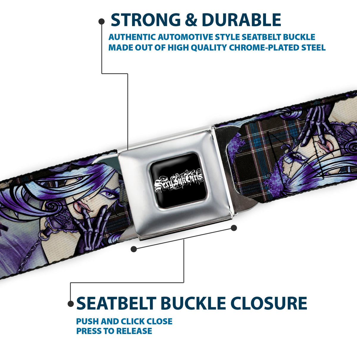 SEXY INK GIRLS Full Color Black White Seatbelt Belt - Sweet Lovely Death Webbing