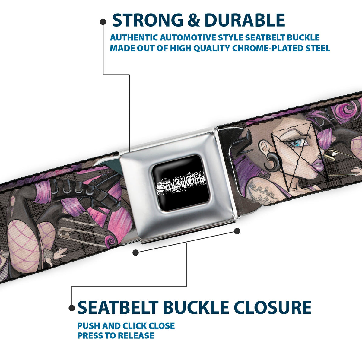 SEXY INK GIRLS Full Color Black White Seatbelt Belt - Pretty in Punk Webbing