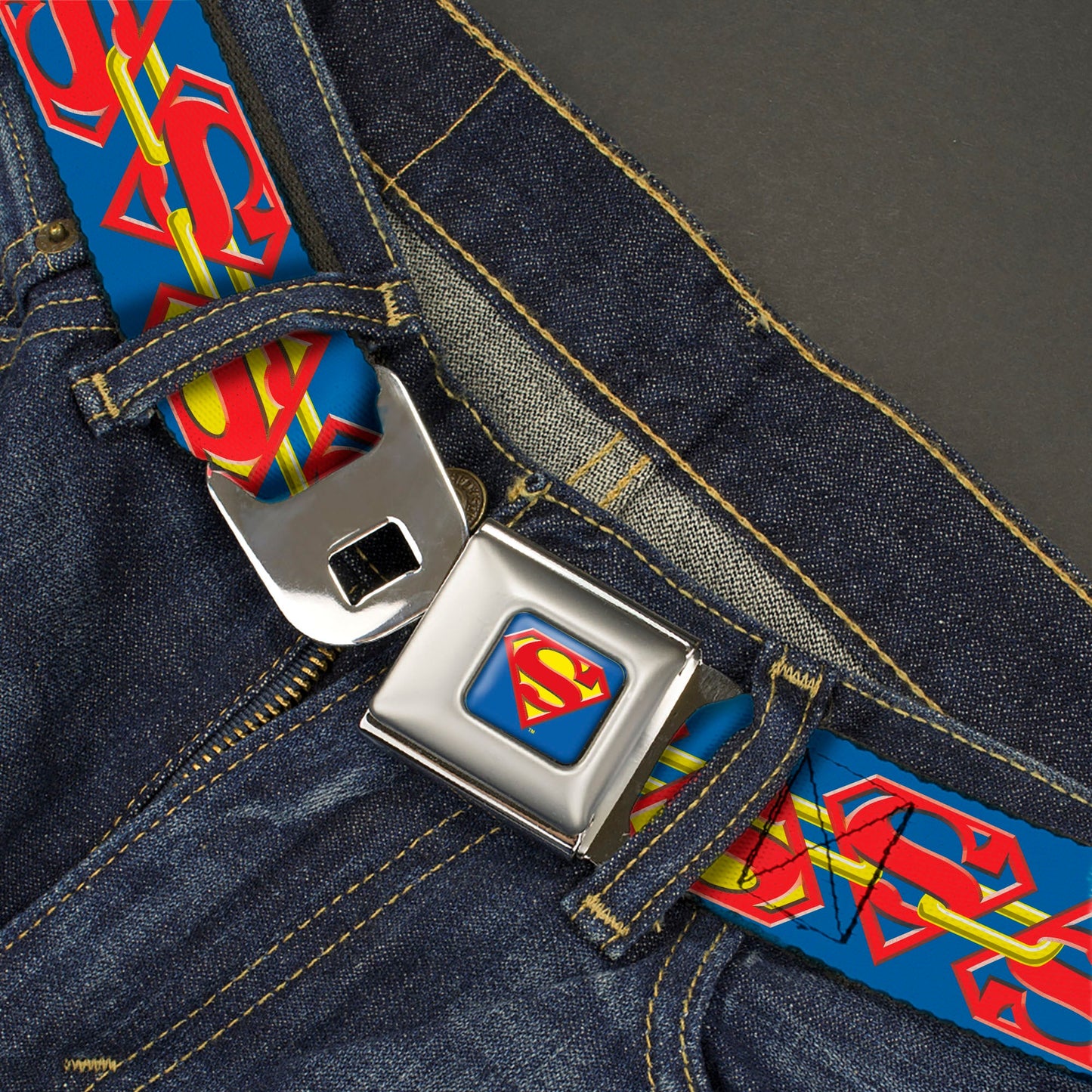 Superman Full Color Blue Seatbelt Belt - Superman Chained Shield Logo Flip Blue/Red/Yellow Webbing