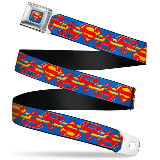 Superman Full Color Blue Seatbelt Belt - Superman Chained Shield Logo Flip Blue/Red/Yellow Webbing