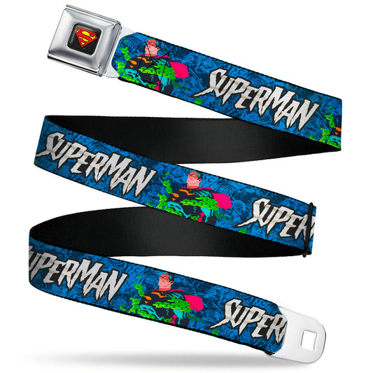 Superman Shield Logo Full Color Black Seatbelt Belt - SUPERMAN Breaking Chains Force for Good Pose and Text Blues Webbing