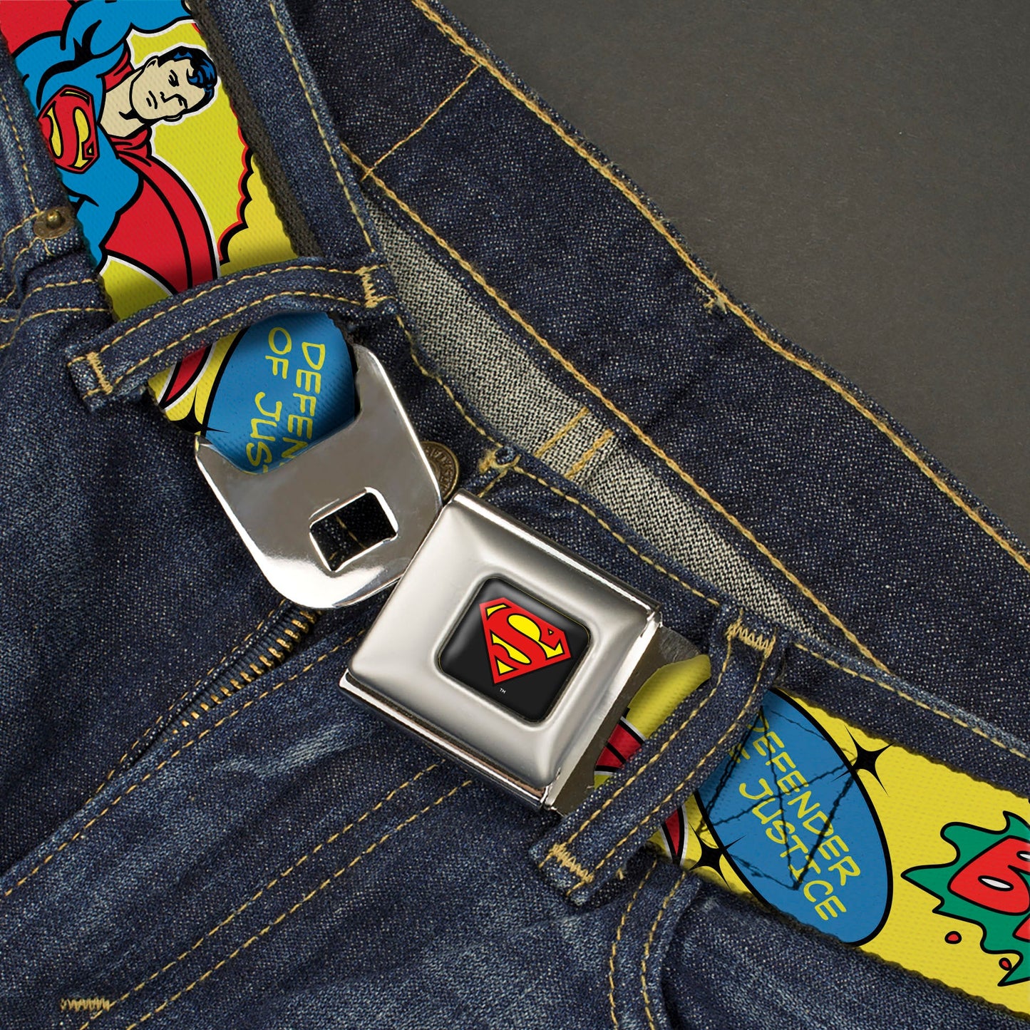 Superman Shield Logo Full Color Black Seatbelt Belt - SUPERMAN Pose Quotes and Icons Collage Yellow/Multi Color Webbing