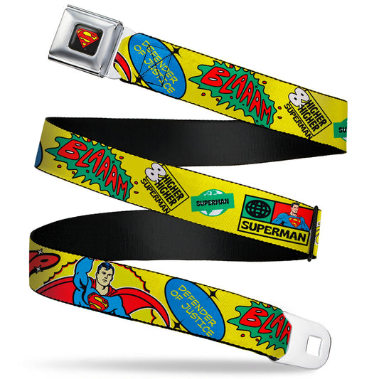 Superman Shield Logo Full Color Black Seatbelt Belt - SUPERMAN Pose Quotes and Icons Collage Yellow/Multi Color Webbing