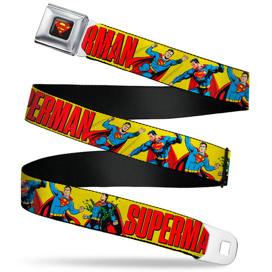 Superman Shield Logo Full Color Black Seatbelt Belt - SUPERMAN Action Poses and Text Yellow/Red Webbing