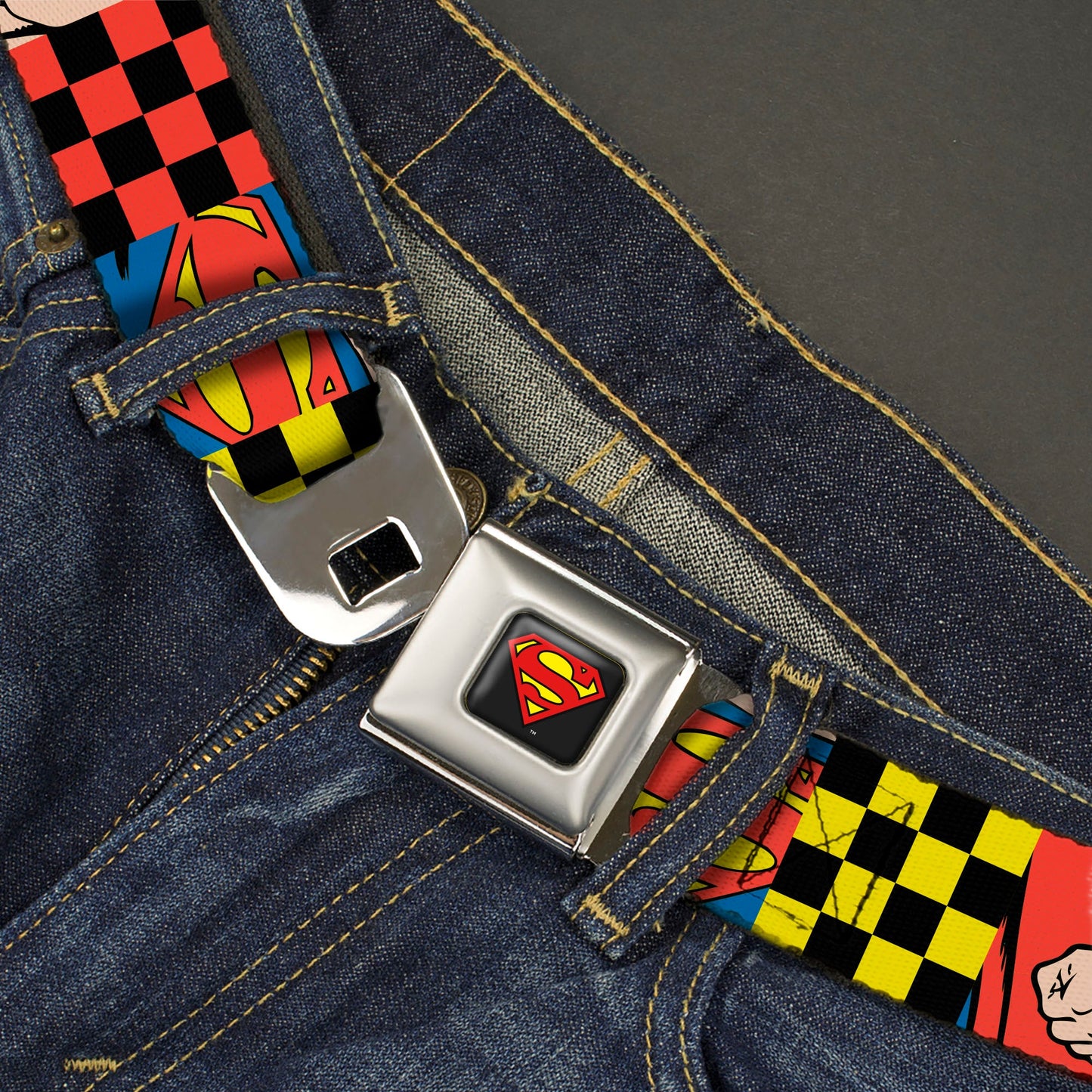 Superman Shield Logo Full Color Black Seatbelt Belt - Superman Character Close-Up and Checker Blocks Multi Color Webbing