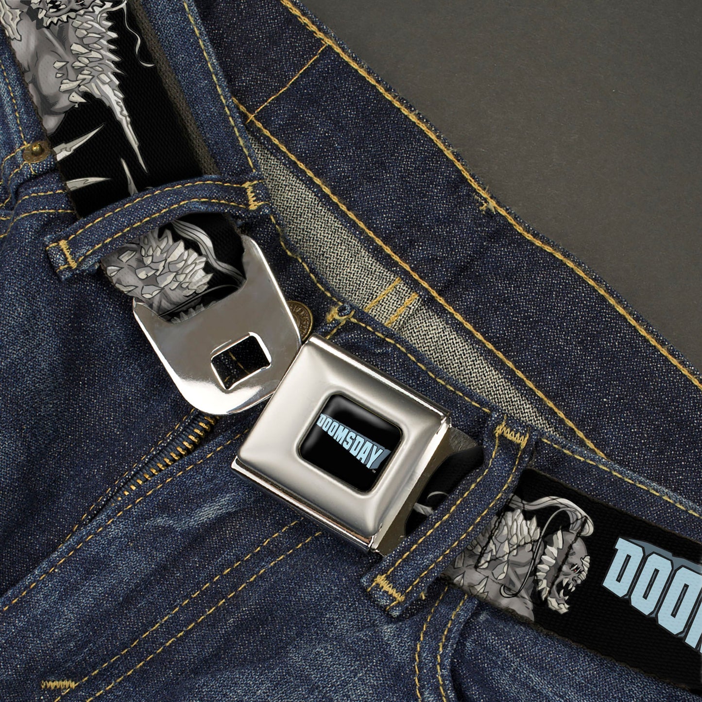 DOOMSDAY Title Logo Full Color Black Seatbelt Belt - DC Superman Villain DOOMSDAY Pose and Title Logo Black Webbing