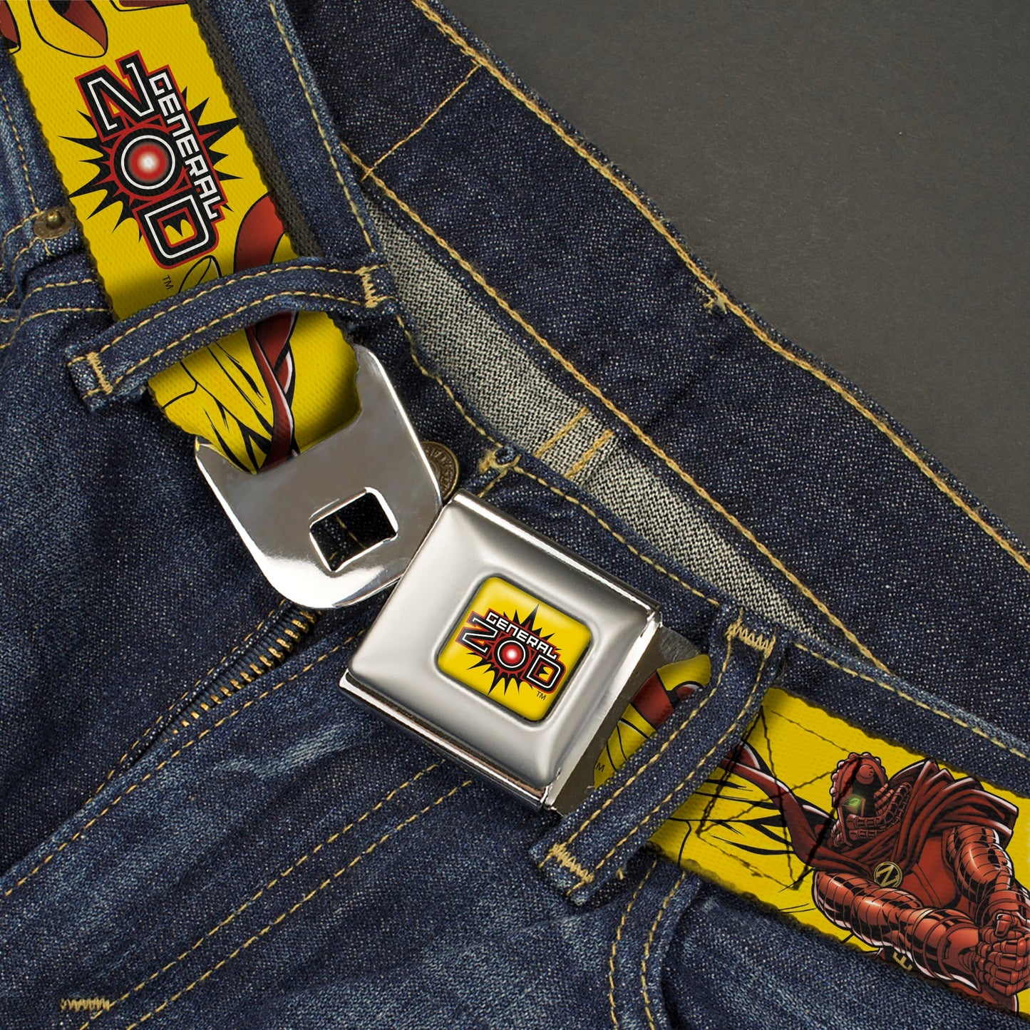 GENERAL ZOD Title Logo Full Color Yellow Seatbelt Belt - DC Superman Villain GENERAL ZOD Poses and Text Yellow/Red Webbing