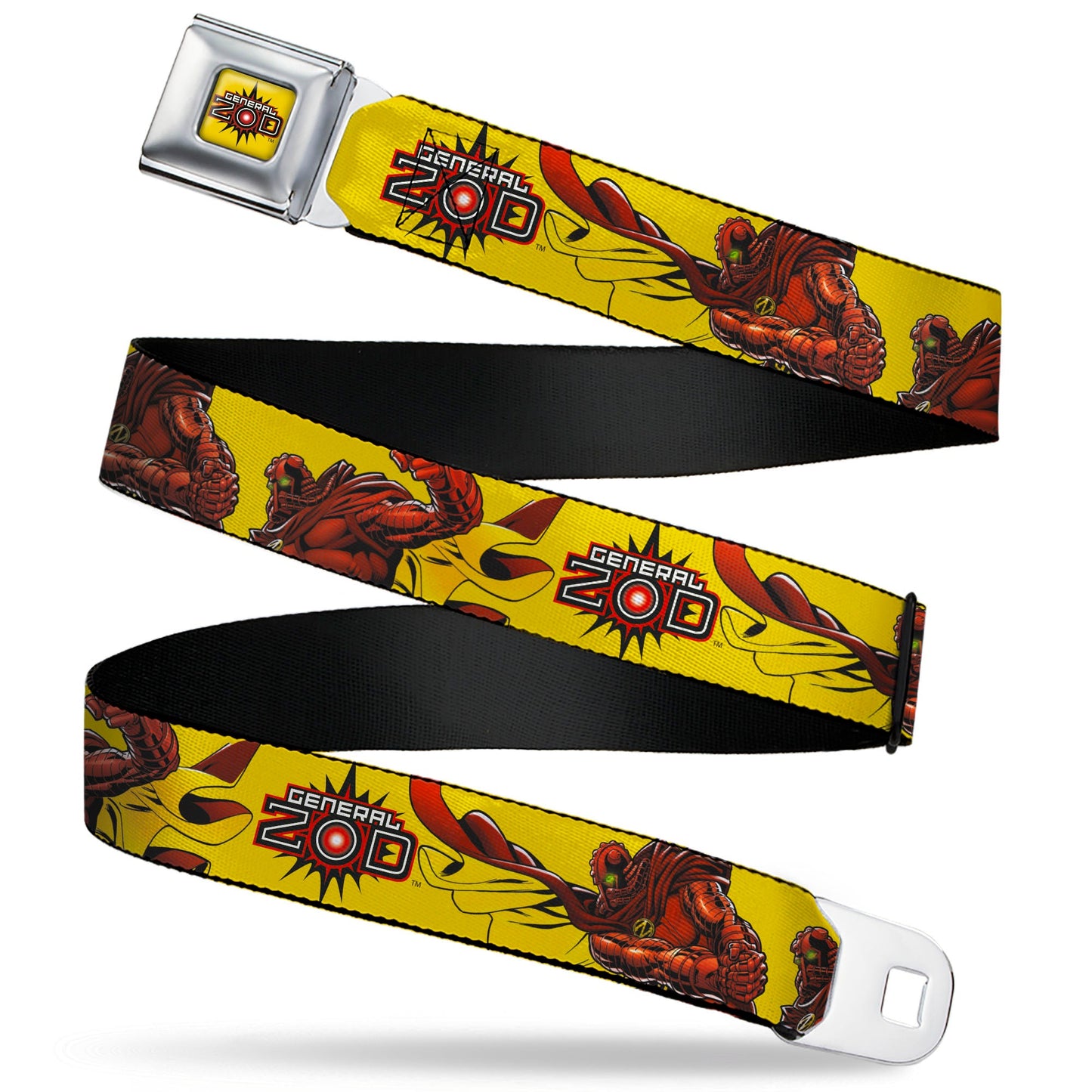 GENERAL ZOD Title Logo Full Color Yellow Seatbelt Belt - DC Superman Villain GENERAL ZOD Poses and Text Yellow/Red Webbing