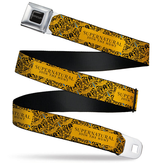 SUPERNATURAL-JOIN THE HUNT Full Color Black/White Seatbelt Belt - SUPERNATURAL JOIN THE HUNT Title Logo and CASTIEL Wings Yellow/Black Webbing