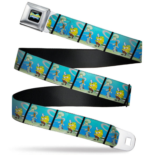 SpongeBob SquarePants Logo Full Color Black/Blues Seatbelt Belt - SpongeBob SquarePants and Squidward Pizza Scene Pose Blocks Webbing
