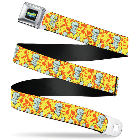 SpongeBob SquarePants Logo Full Color Black/Blues Seatbelt Belt - SpongeBob Handsome Squidward Pose Yellow/Orange Webbing
