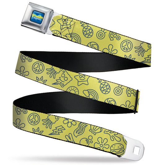 SpongeBob SquarePants Logo Full Color Blues Seatbelt Belt - SpongeBob SquarePants and Friends Line Art Collage Yellow/Gray Webbing