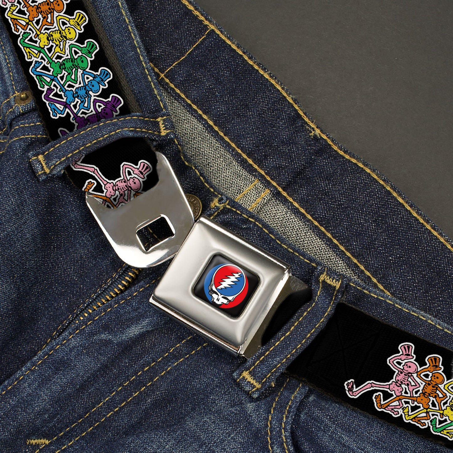 Steal Your Face Seatbelt Belt - Dancing Skeletons Black/Multi Color Webbing