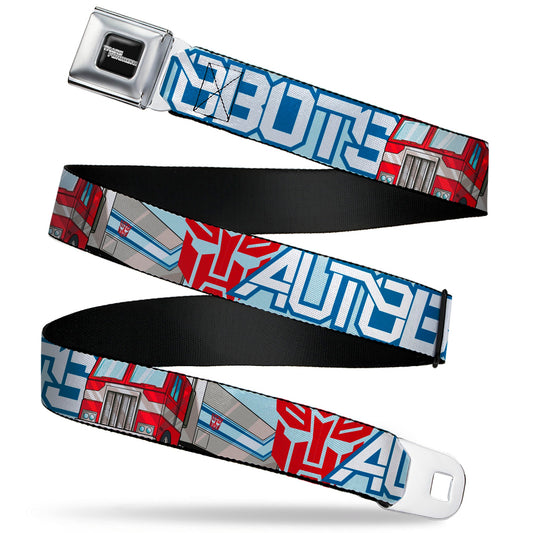 TRANSFORMERS Title Logo Full Color Black/White Seatbelt Belt - Transformers AUTOBOTS Optimus Prime Semi Truck Collage Light Blue Webbing