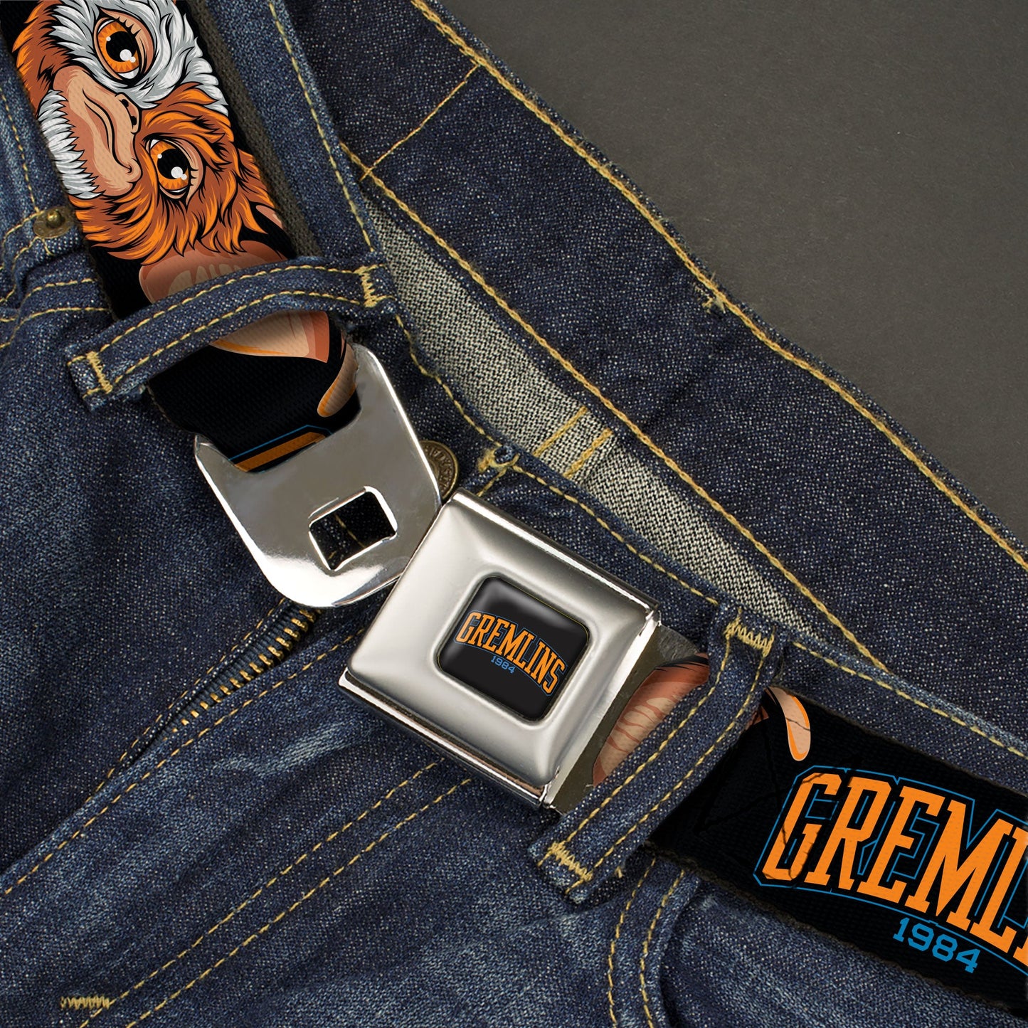 GREMLINS 1984 Title Logo Full Color Black/Blue/Orange Seatbelt Belt - GREMLINS 1984 Gizmo Face Close-Up Black Webbing