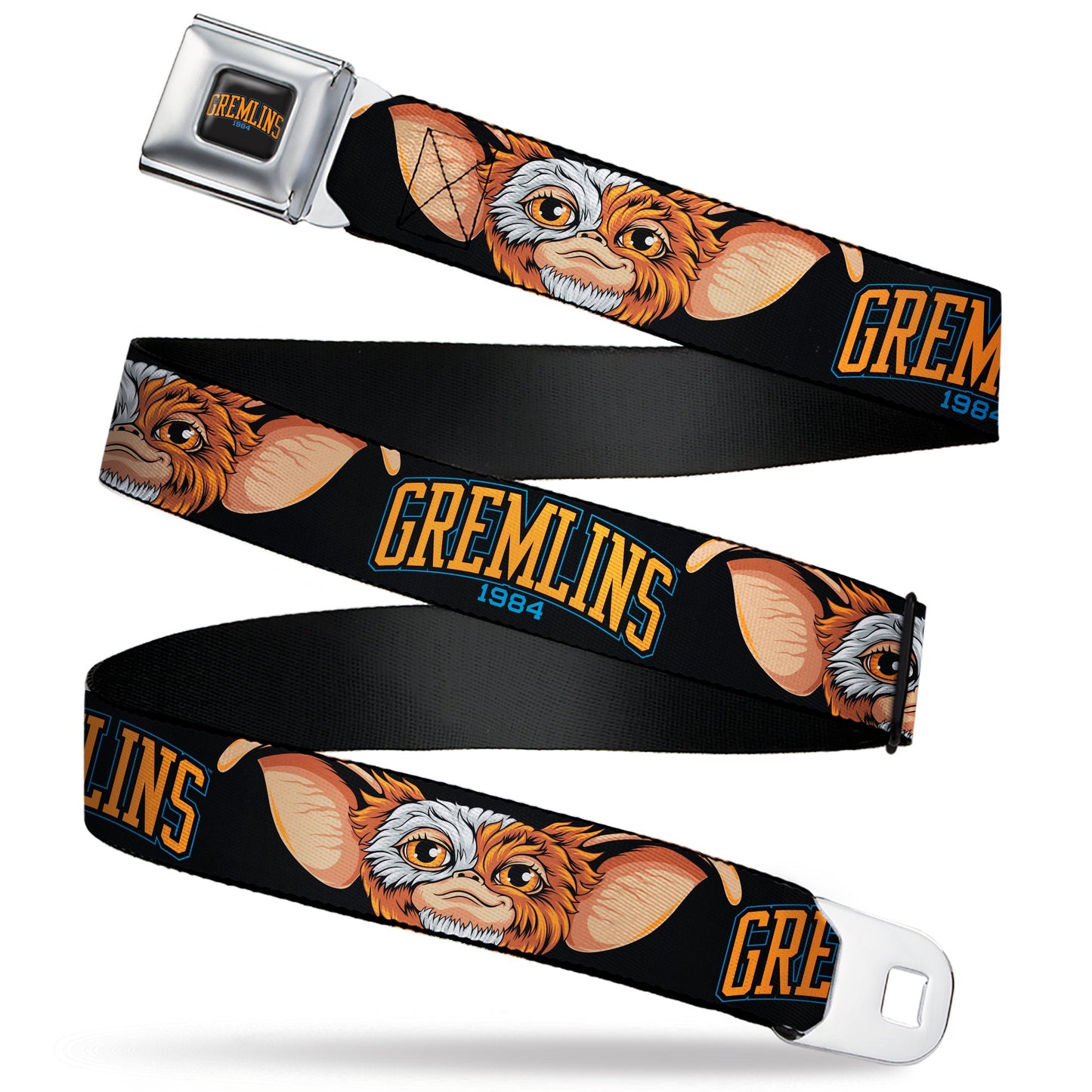 GREMLINS 1984 Title Logo Full Color Black/Blue/Orange Seatbelt Belt - GREMLINS 1984 Gizmo Face Close-Up Black Webbing