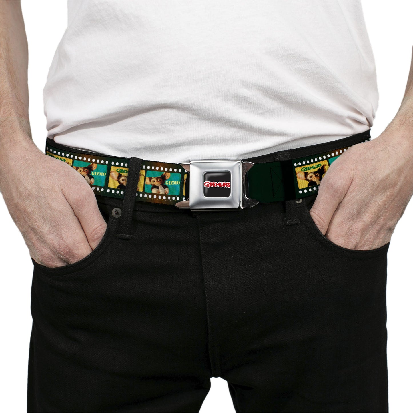 GREMLINS Title Logo Full Color Black/White/Red Seatbelt Belt - Gremlins GIZMO Film Strip Pose Blocks Webbing