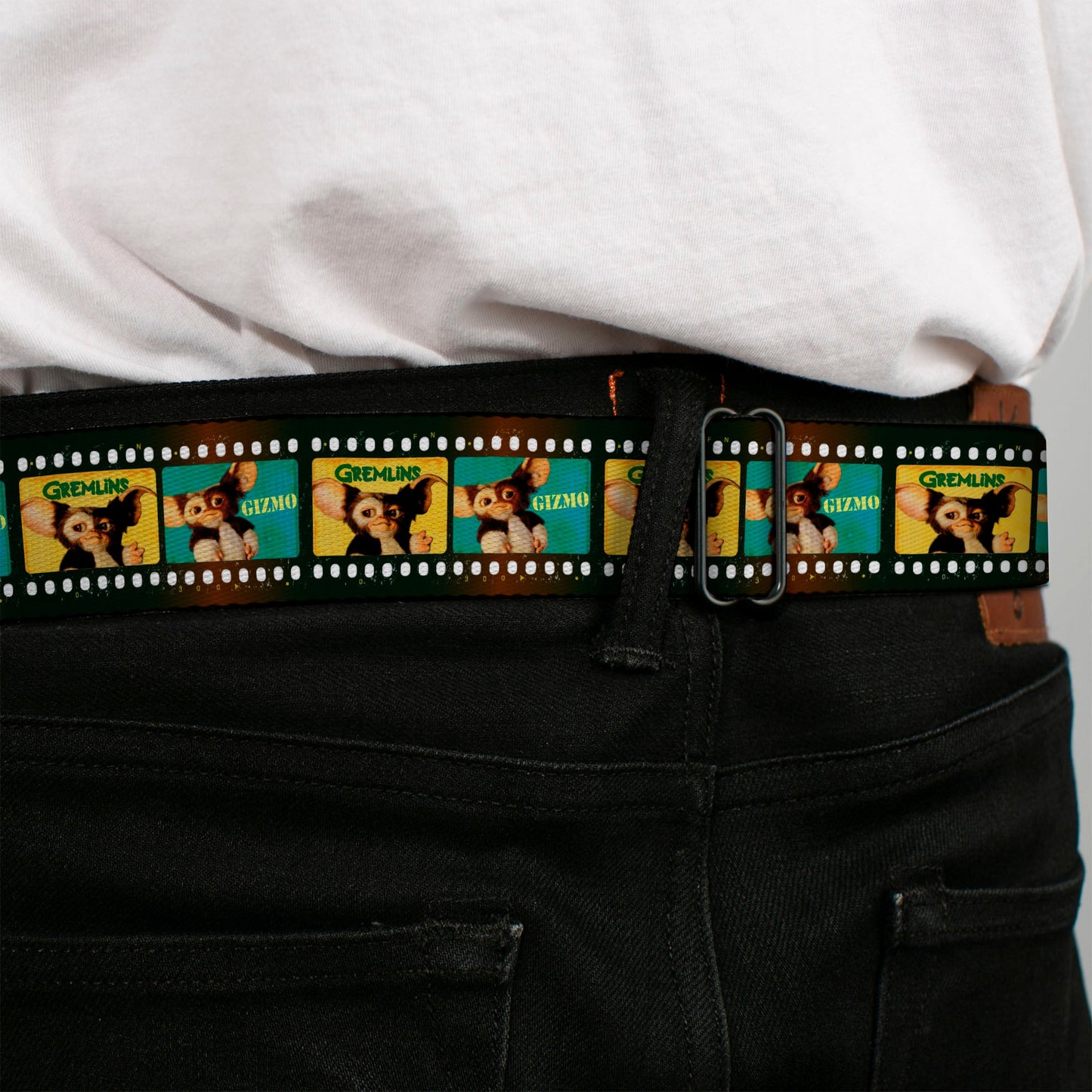 GREMLINS Title Logo Full Color Black/White/Red Seatbelt Belt - Gremlins GIZMO Film Strip Pose Blocks Webbing