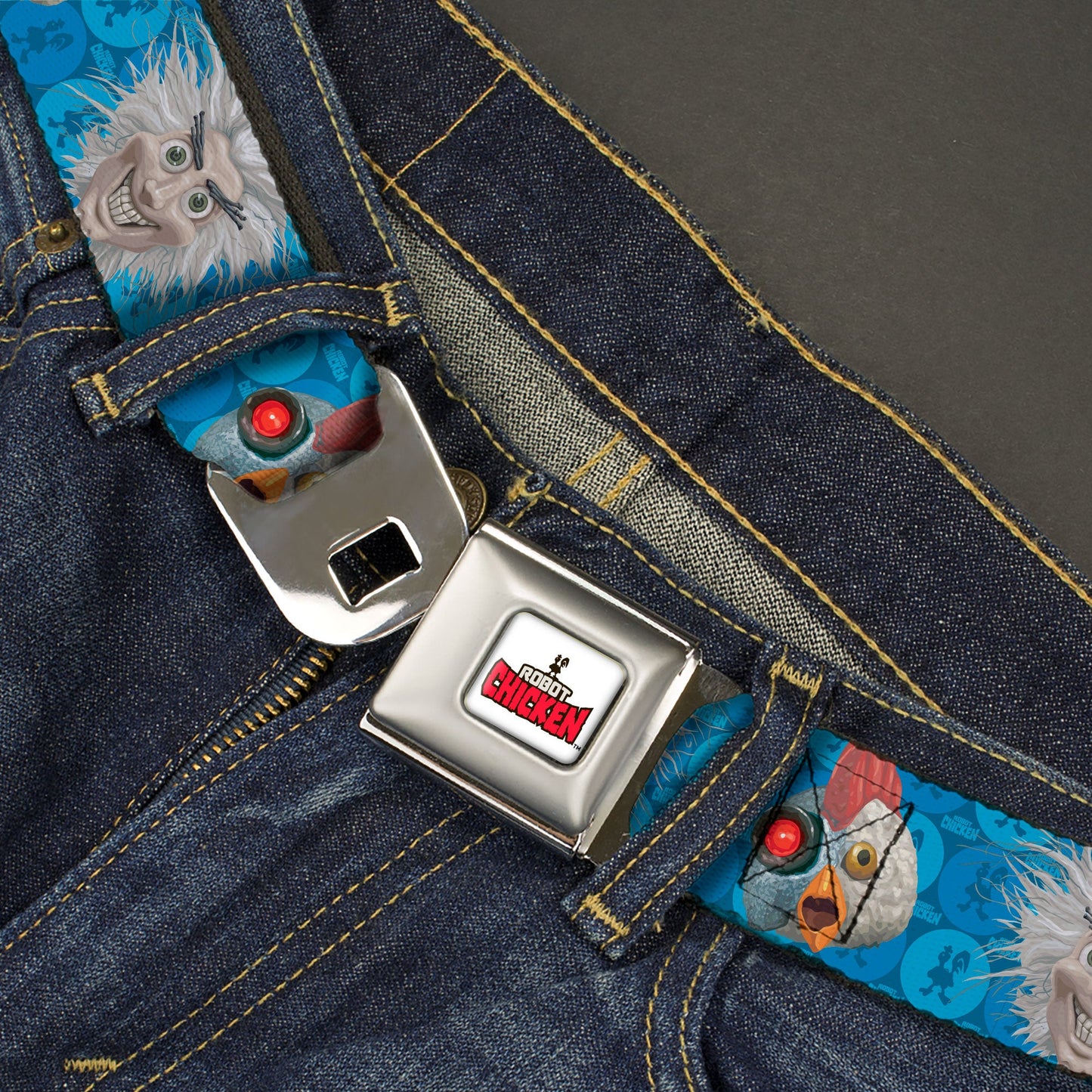 ROBOT CHICKEN Title Logo Full Color White/Black/Red Seatbelt Belt - Robot Chicken and Mad Scientist Expressions Blues Webbing