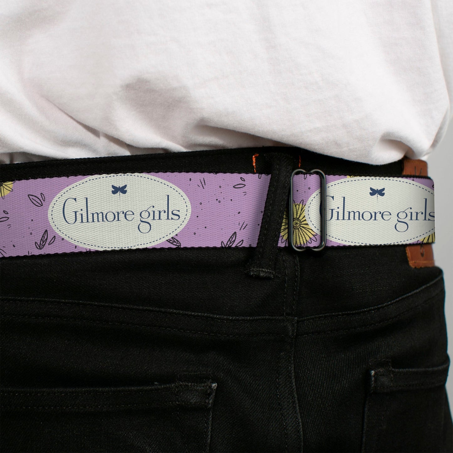GILMORE GIRLS Title Logo Full Color Blue/White Seatbelt Belt - GILMORE GIRLS Title Logo and Flower Petals Lavender/White/Blue Webbing