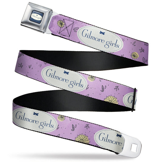 GILMORE GIRLS Title Logo Full Color Blue/White Seatbelt Belt - GILMORE GIRLS Title Logo and Flower Petals Lavender/White/Blue Webbing